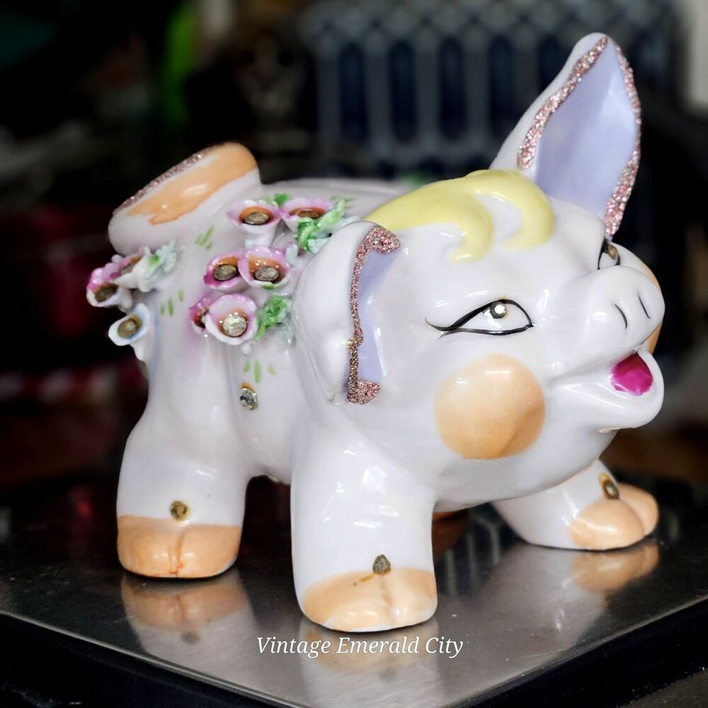 Vtg Lefton Piggy Bank Hand Painted Applied Flowers Rhinestones Vintage 1950 READ